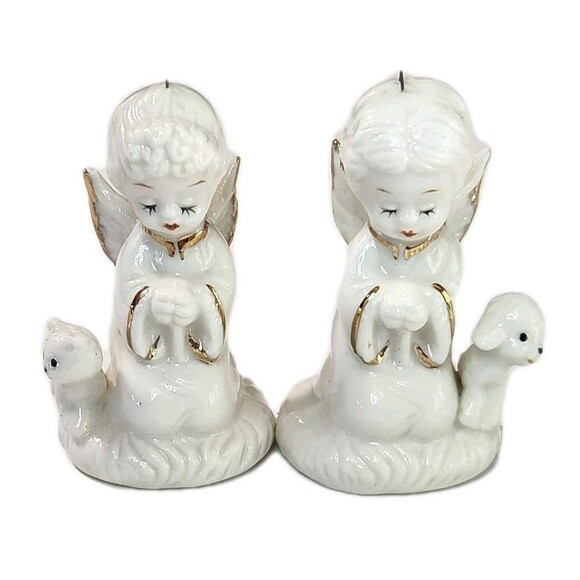 Napco Vintage Miniature Praying Angel Figurines Boy & Girl with Kitten & Lamb - Picture 2 of 9